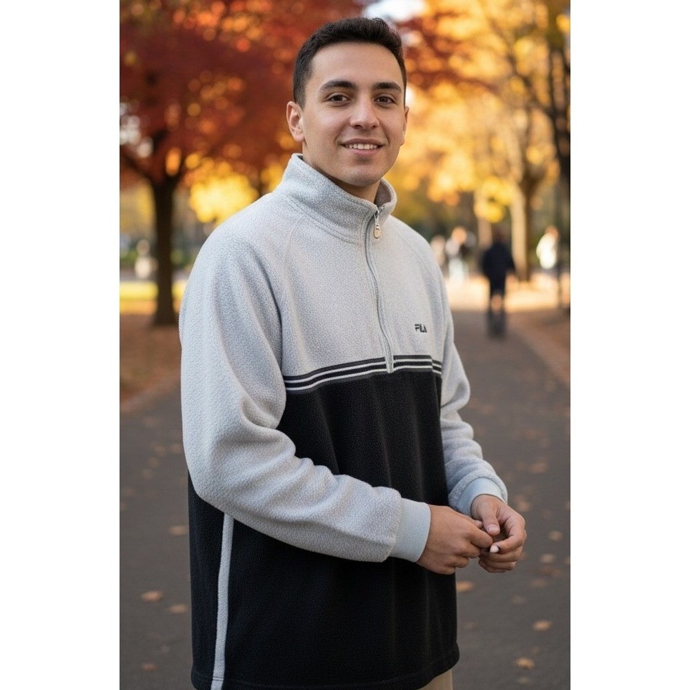 FILA Sweatshirt Men's L Fleece Quarter Zip Pullover Gray Black Stripe Streetwear